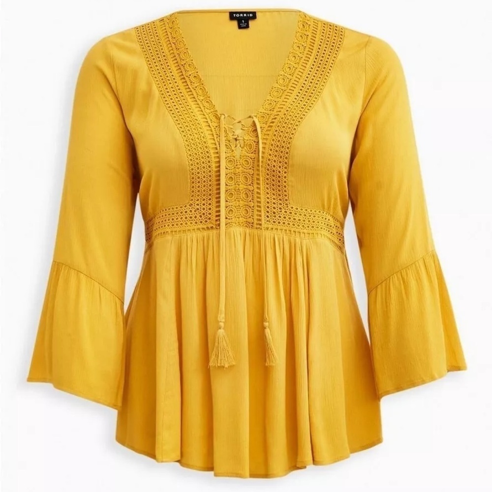 TORRID Babydoll Gauze Crochet Trim Lace-Up Top Sz 2X - Picture 10 of 13